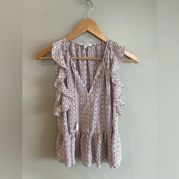 MADEWELL Women's Small 100% Silk Lily Ruffle Top in Echo Grid Blouse Tas… - Picture 1 of 13